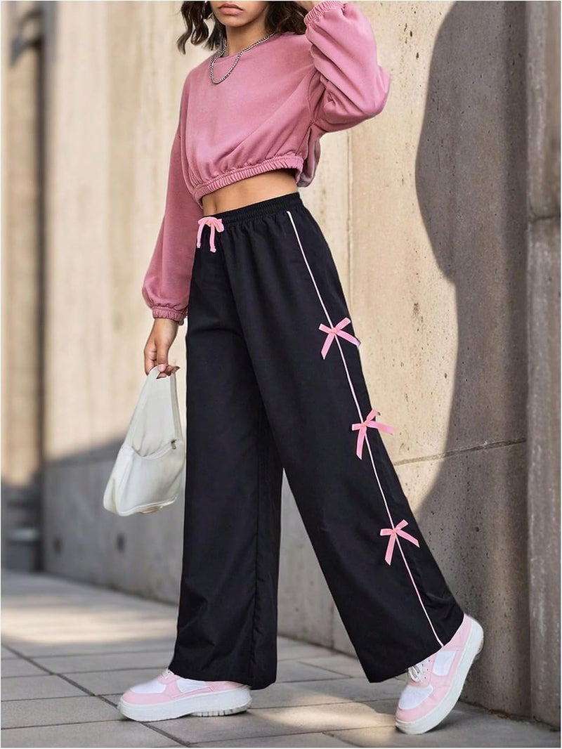 WDIRARA Girl's Bow Side Waist Track Pants Cute Wide Leg Trousers - Image 5